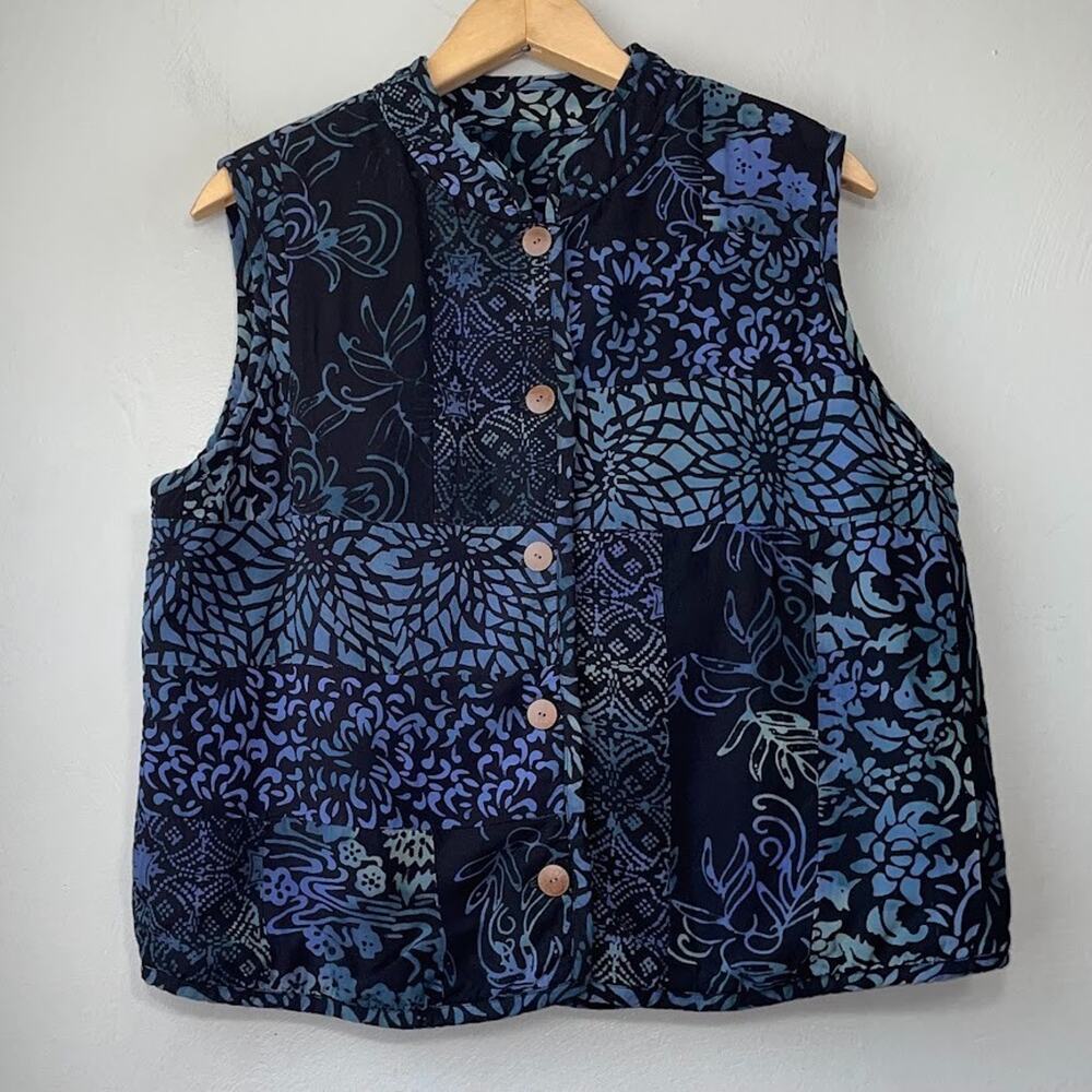 Reversible Vest Sz L XL Blue Artsy Patchwork Wooden Buttons Art Teacher 90s Mom